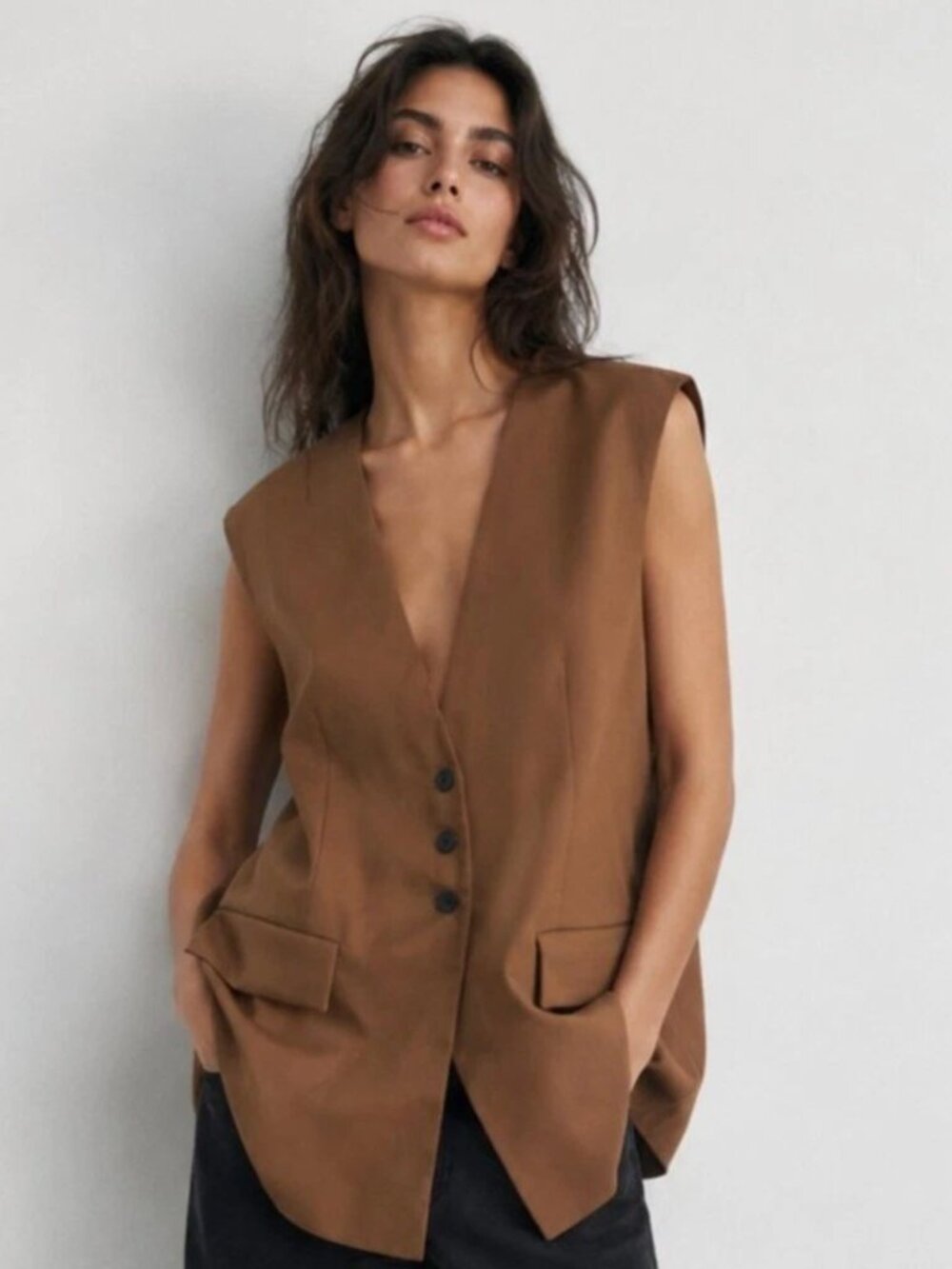 Zara Brown Longline Tailored Vest XS